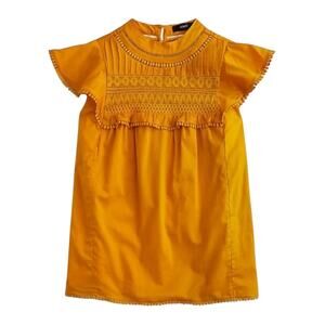 J. Crew Flutter-Sleeve Crocheted Lace Top Embroidered Boho‎ Mustard Yellow SZ XS